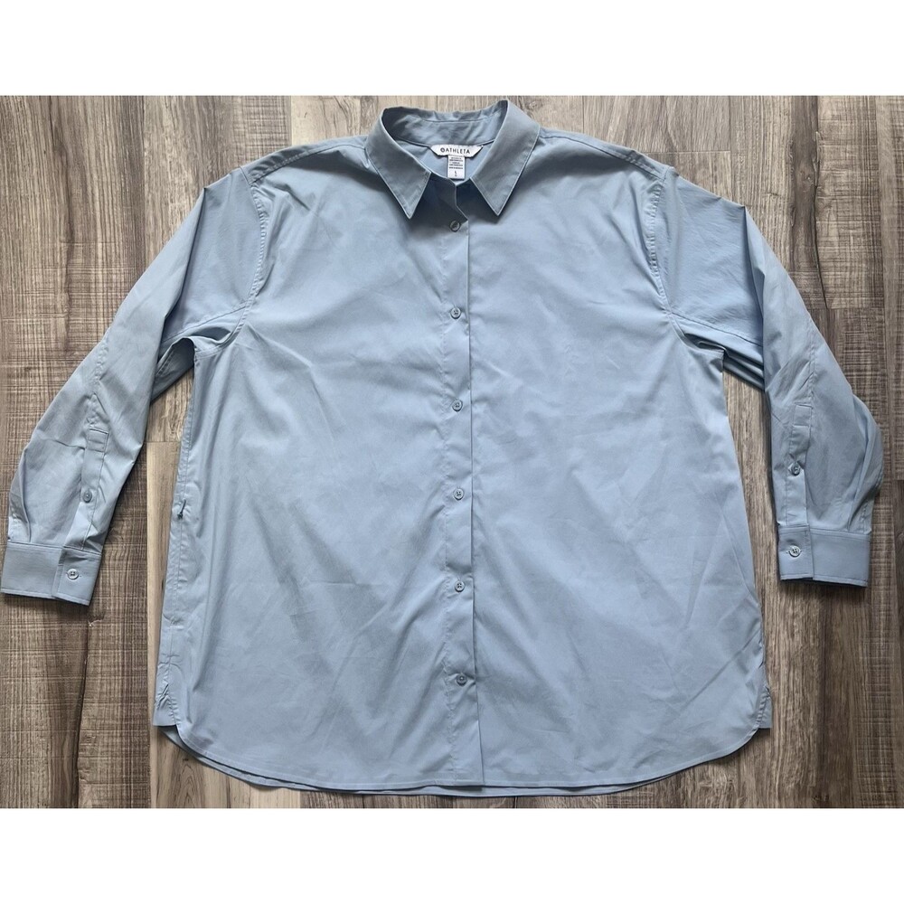 Athleta Poplin Shirt Womens Large Blue Long Sleeve Button Up Oversize Pocket